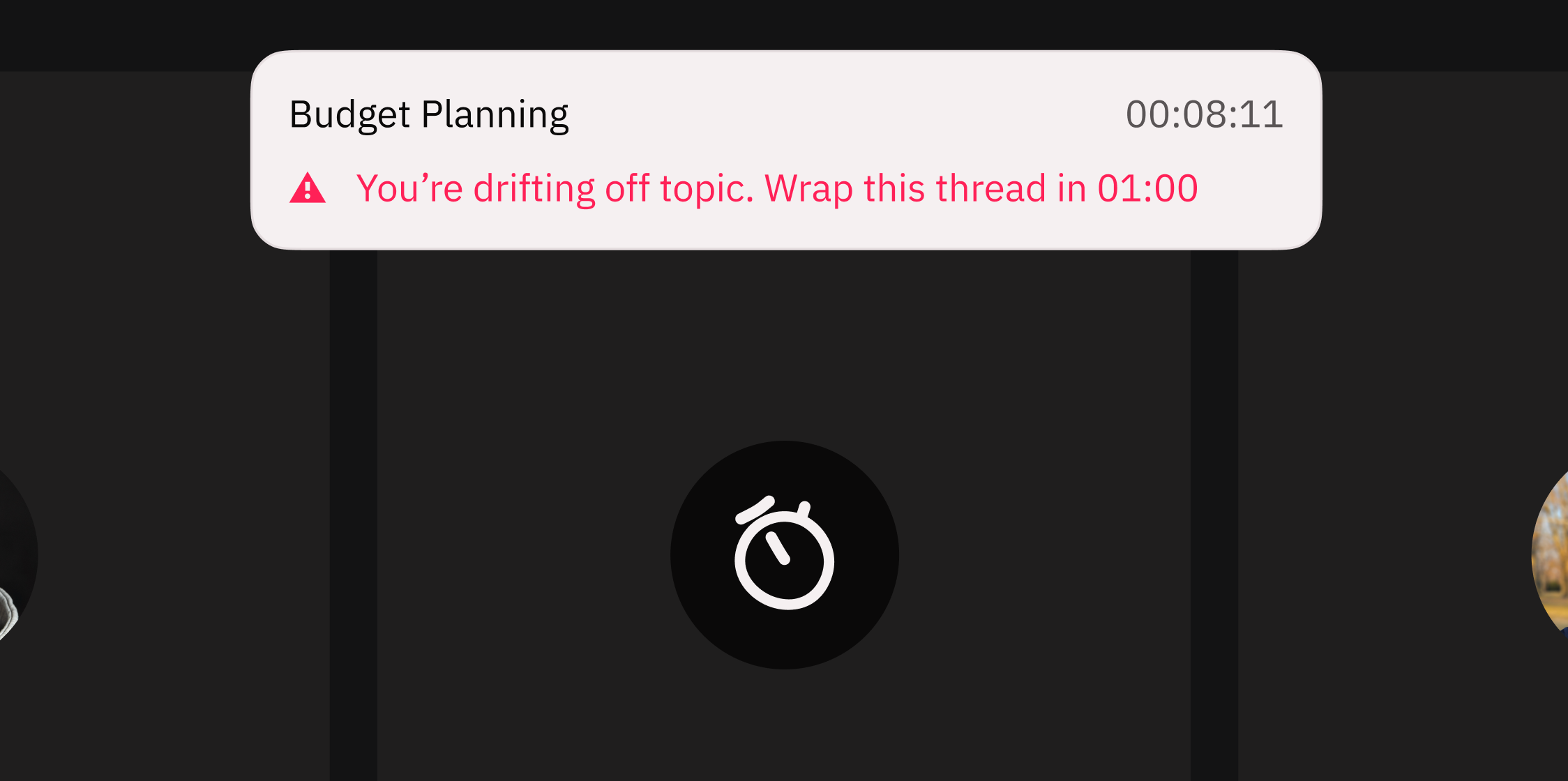 ShortenItUp Chrome extension showing live meeting agenda, elapsed topic time, and off-topic AI warnings